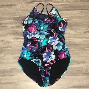 TIME AND TRU  Womens Swimsuit 1 Piece Floral Print Tru See On Top and Back 8/10